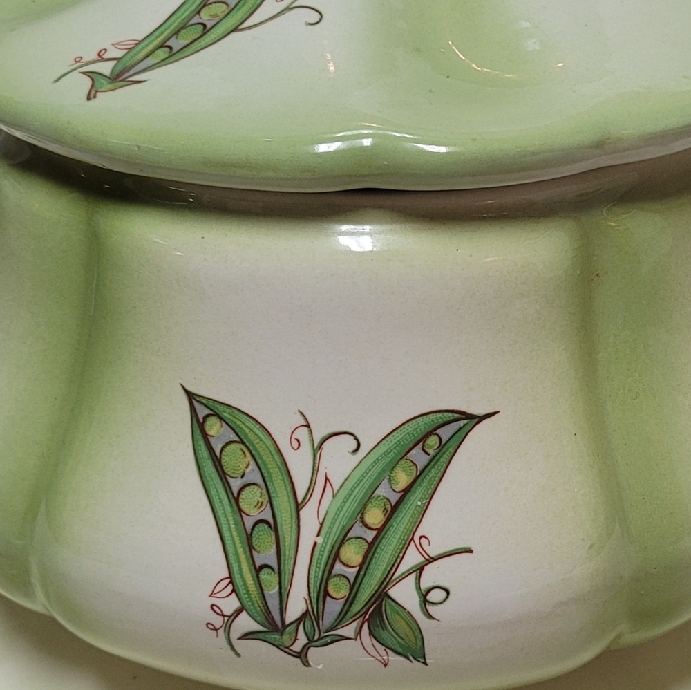 1970s Vintage RU Green White Ceramic Pea in a Pod Large Tureen Plate Spoon Set - Picture 2 of 6